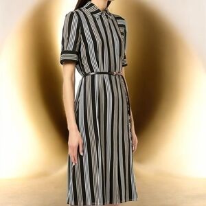 NWT Altuzarra ‘Kieran’ 100% Silk Black, White & Tan Belted Shirt Dress Size 38/6